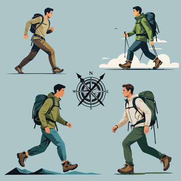 A set of vector illustrations showing a male hiker on a walking and trekking adventure with a backpack