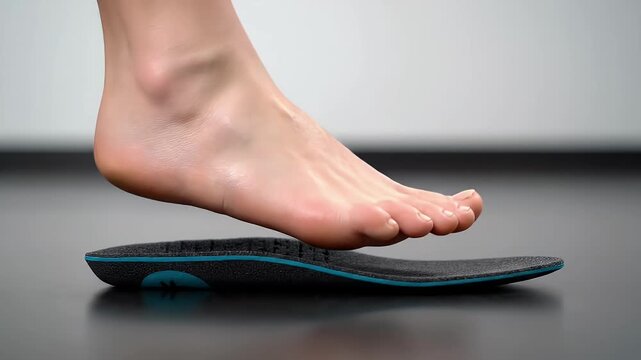 Close Up of a Caucasian Woman's Foot Hovering Above an Orthotic Insole with Blue Trim on a Dark Reflective Surface with Soft Studio Lighting and a Blurred White Background
