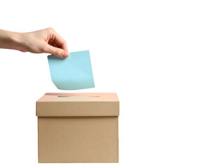 Hand placing ballot into cardboard box; transparent background