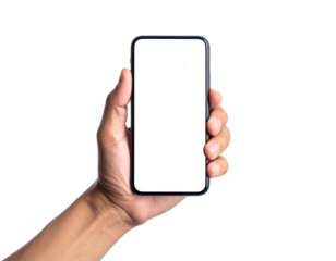 Hand holding a smartphone with a blank white screen against a black background