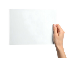 Obraz premium Hand holding a blank white rectangular paper against a black backdrop, close-up view