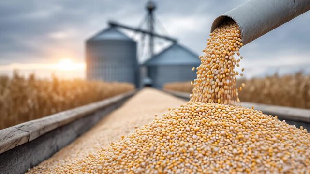 Golden grain harvest being poured into trailer at sunrise on farm field
