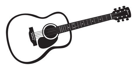Black and white outline of an acoustic guitar with six strings and detailed fretboard, bridge, and soundhole design.