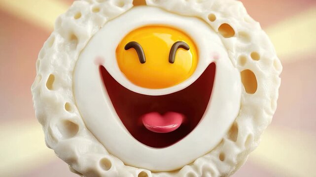 A close-up of an egg with a tongue sticking out, often used for humorous or playful purposes