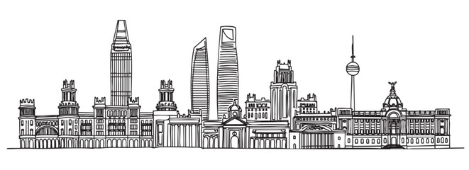 Obraz premium Black outline drawing of a city skyline featuring various architectural landmarks and skyscrapers, showcasing a blend of modern and classical styles.