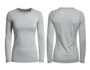 Two-perspective shot of a long-sleeved, crew neck, light-colored athletic base layer