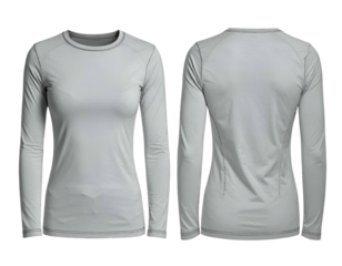 Two-perspective shot of a long-sleeved, crew neck, light-colored athletic base layer