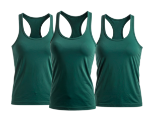 Three athletic women's tank tops in a dark teal color, centered on a black background