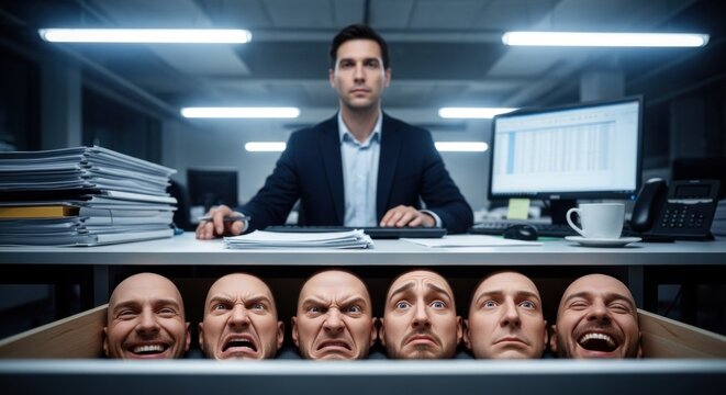 Professional man choosing his emotional mask from diverse faces hidden beneath desk. Corporate person managing social persona, hiding true feelings in office. Identity crisis.