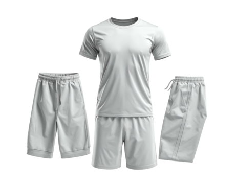 Athletic attire display against black. Includes top, shorts, side shorts perspective