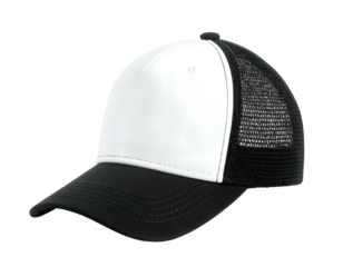 A monochrome trucker hat with a white front panel, black visor, and mesh back, isolated