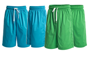 Four pairs of vibrant, knee-length, drawstring shorts, two blue and two green, isolated on black