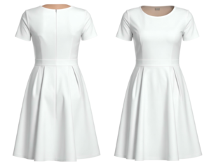 Digital rendering of a short-sleeved, knee-length white dress, front and back views