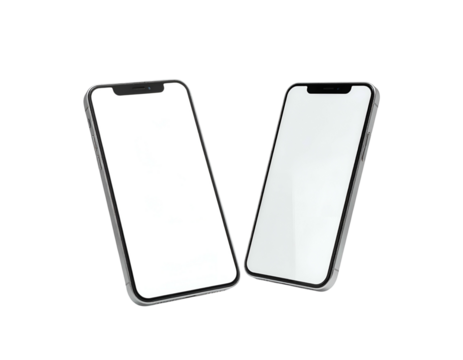 Two smartphones, angled with blank screens, against a solid black background