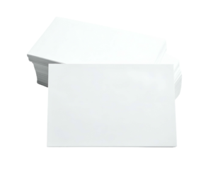 A stack of blank rectangular cards, with one lying flat in front, all against a white background