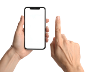Person holding a phone and pointing at the screen, isolated on a black background