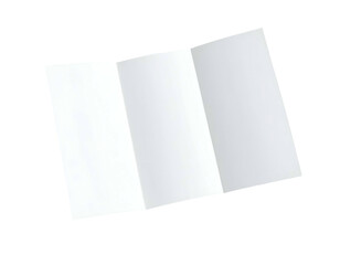 A white, tri-fold brochure lies open against a black background, angled slightly