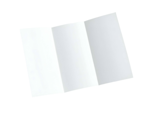 A white, tri-fold brochure lies open against a black background, angled slightly