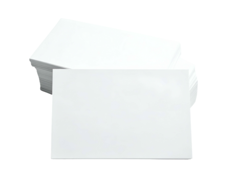 A stack of blank rectangular cards, with one lying flat in front, all against a white background