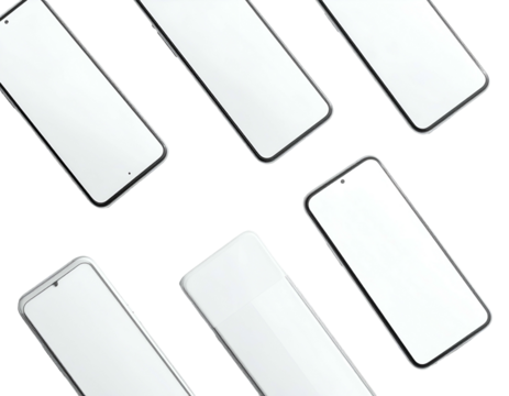 Six modern sleek cell phones on a black backdrop, with white screens facing upward