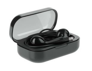 Black in-ear headphones in a case, with a transparent top, displayed on a black background