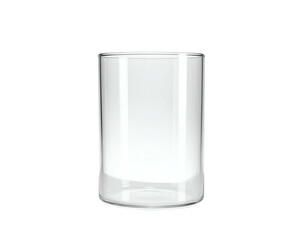 Simple, transparent cylindrical glass on a solid black background; empty for drinks