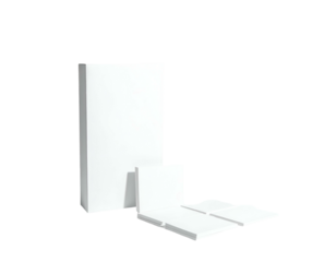 Clean white geometric composition a tall form, small square, and a broken-square structure