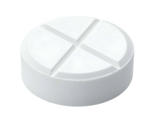 Close-up of a single, white tablet with a cross-shaped indentation on a dark background