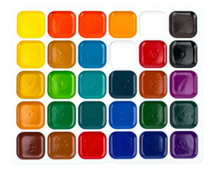 A square paint set, a variety of solid colors arranged in rows