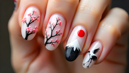 Crane and mountain themed nail design