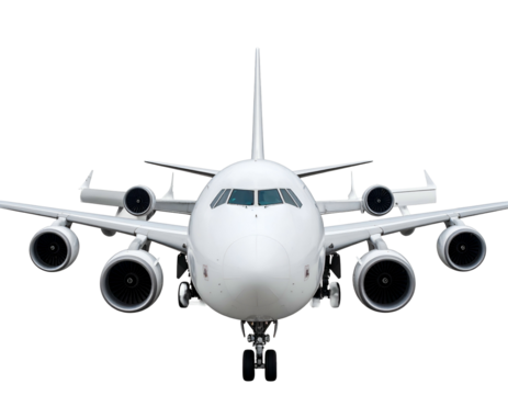 A frontal perspective of a large, white passenger airplane, set against a black background