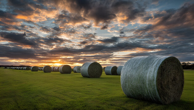 Bales of hay silage wrapped in protective film during a dramatic sunset