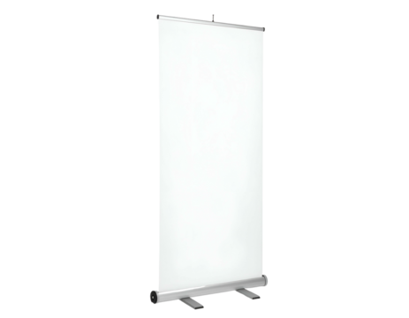 A vertical retractable banner display with a blank white canvas against a black background