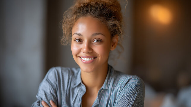 Portrait of a smart young happy African American businesswoman or student or young woman girl in the office or a classroom, startup and successful business concept, under soft natu - Powered by Adobe