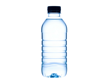 Isolated water bottle, partially full with liquid, against a stark black backdrop