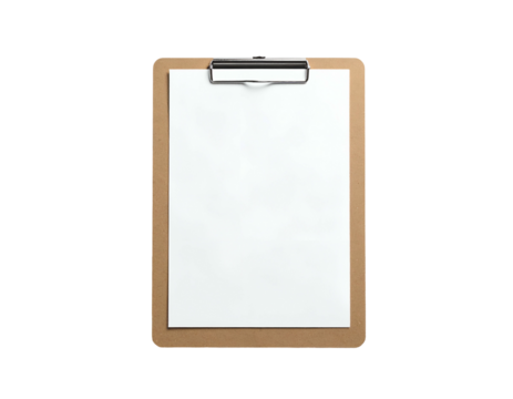 Top-down view of a plain clipboard holding a white, rectangular piece of paper