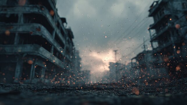 Abandoned Ruins of a Post-Apocalyptic Urban Landscape with Stormy Sky, Destruction and Decay in a Dystopian Cityscape