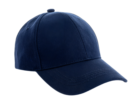 A navy blue baseball cap, displayed on a transparent background, with a curved brim - Powered by Adobe