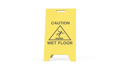 Yellow caution wet floor sign on white background