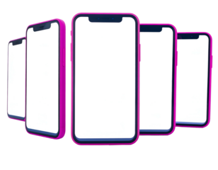 Rendering of several identical smartphones with bright fuchsia casings against a black background