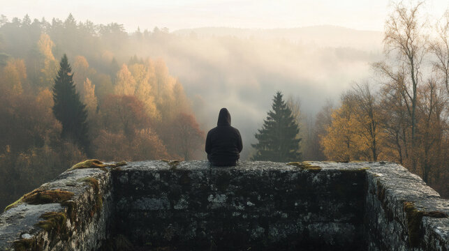 Stone parapet viewpoint above fog-draped valley