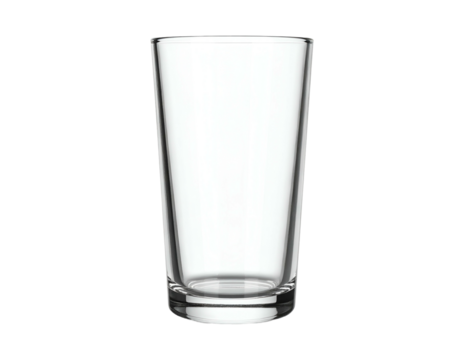 A tall, clear glass, empty and clean, positioned against a stark black background