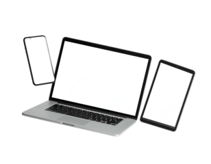 Digital devices display blank screens against a black background, representing technology and content creation