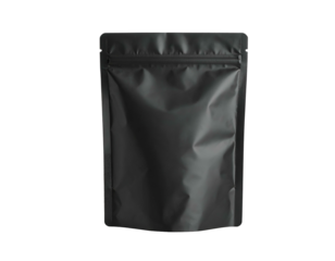 Front view of a sleek, black, matte plastic pouch with a resealable zipper closure