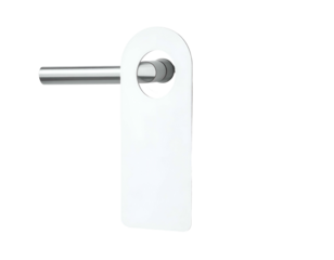 A white tag with a circular top and a cylindrical bar for use