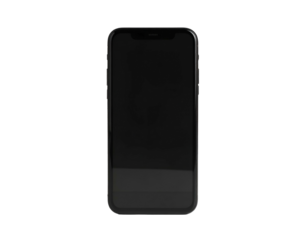 A close-up, frontal view of a modern smartphone with a blank, black screen