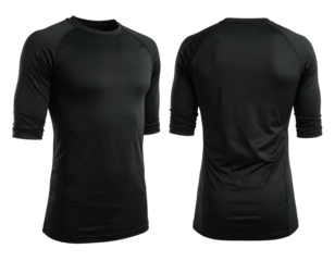 Front and back views of a solid black, athletic-cut three-quarter sleeve shirt