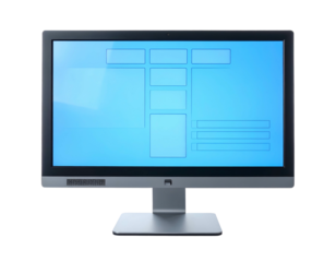 A gray desktop computer monitor on a black background, showing a user interface layout