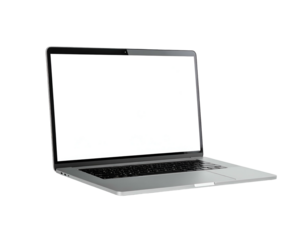 Isolated, open laptop with bright blank screen against a solid black background