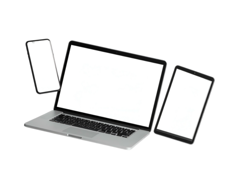 Digital devices display blank screens against a black background, representing technology and content creation